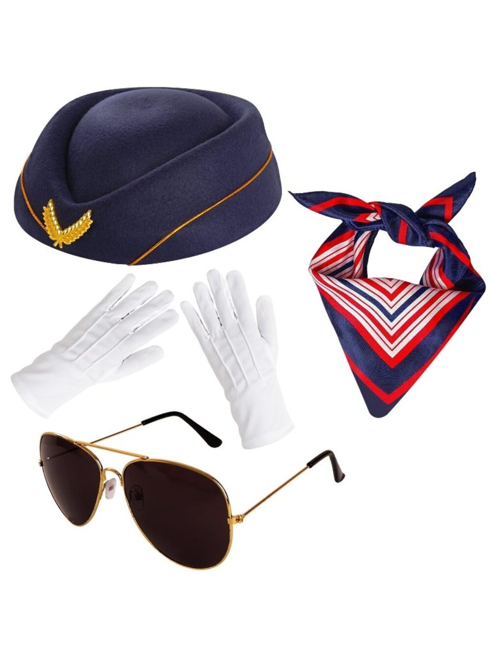 Flight Attendant Costume Accessories Stewardess Hat Sunglasses Scarf Gloves OS